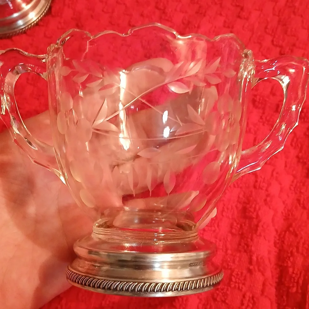 Vintage Cambridge Crystal Glass Sugar & Creamer W/Sterling Silver Base